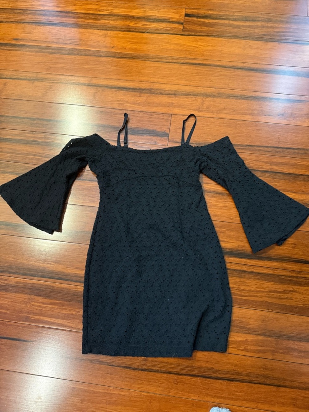 Free People Black One-Shoulder Eyelet Dress with Bell Sleeves